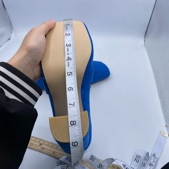 YDN Blue Suede Chunky High Heel Square Toe Loafer Buckle Office Pumps - Picture 10 of 11